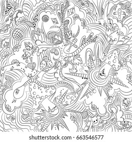 Fairy forest. Amanita mushrooms. Animals and trees. Black and white, psychedelic drawing. Freehand sketch. Clear contour. Cartoon illustration. Book coloring.