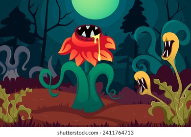 fairy forest background. cartoon mystery fantasy foliage fabulous trees flowers plants, abstract forest nature. vector cartoon magic background.