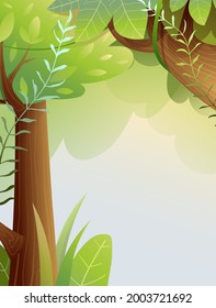 Fairy forest background with copy space, lush summer green woodland with trees trunks and twigs. Hand drawn vector background design in watercolor style gradients for children.