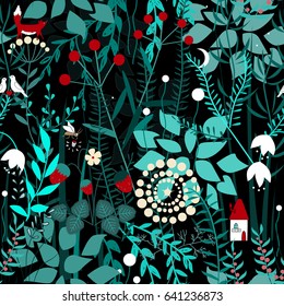 Fairy forest background. Floral seamless pattern with doodle plants, birds, firefly, fox, and house. Vector illustration