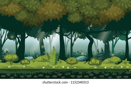 Fairy forest. Bright forest woods, silhouttes, trees with bushes, ferns and flowers. For design game, apps, websites. Vector, cadroon style, isolated