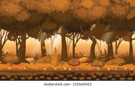 Fairy forest. Bright forest woods, silhouttes, trees with bushes, ferns and flowers. For design game, apps, websites. Vector, cadroon style, isolated