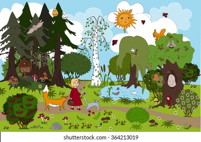 Fairy forest of childish dream. Little girl goes out of wild magic forest after gathering mushrooms. Girl and her friends cat and fox.  Childish background for mats and other design.