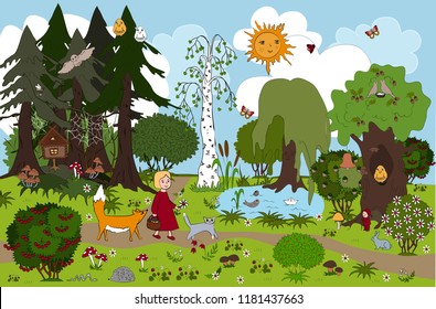 Fairy forest of childish dream. Vector illustration. Girl and her friends cat and fox. Little girl goes out of wild magic forest after gathering mushrooms. Kids background for mats and other design.