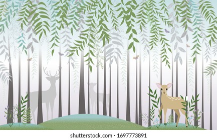 Fairy forest with a deer vector illustration