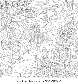 Fairy forest and elf with lamp. Coloring for adult. Anti stress Coloring Page with high details, illustration in zentangle style. Vector monochrome sketch.