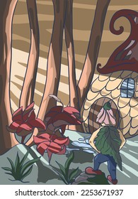 Fairy forest elf near the lodge. Vector flat illustration of a cartoon elf. Mystical flowers, majestic trees, a cozy cabin in the forest.