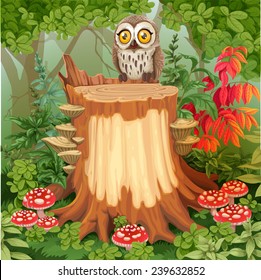 Fairy forest glade with cute owl sitting on stump surrounded by toadstools - a place for your text