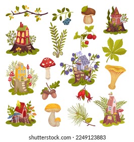 Fairy Forest House and Mushrooms as Fantastic Woodland Elements Big Vector Set