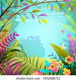 Fairy forest or jungle background, green and colorful lush foliage, trees and grass. Magic landscape frame for poster design cards or invitations. Vector illustration in watercolor vibrant style.