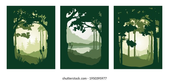 Fairy forest. Landscapes with mountains, trees, and pines. Nature in a frame of trees. Three vector illustrations.	