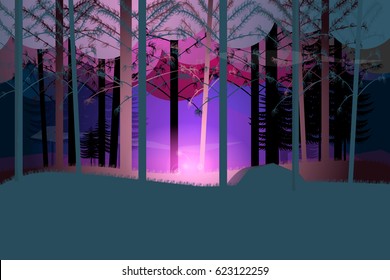 Fairy forest with magic flower at night.Vector illustration.
