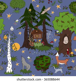 Fairy forest at night. Magic night wood with alive trees and fairy animals. Fairy forest of childish dream. Magic forest seamless pattern. Childish background.
