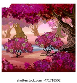Fairy forest with pink trees. Fantasy nature. Vector illustration.
