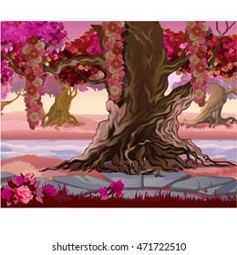 Fairy forest with pink trees. Fantasy nature. Vector illustration.
