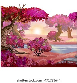 Fairy forest with pink trees. Fantasy nature. Vector illustration.
