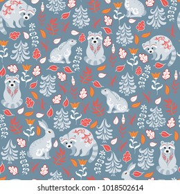 Fairy forest with raccoons and hares, silver fir trees, flowers and herbs. Folk art. Scandinavian style. Vector illustration. 