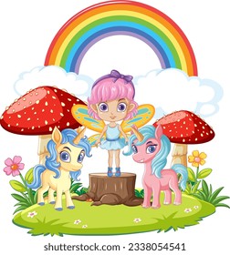 Fairy in the Forest with Rainbow in the Sky illustration