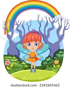 Fairy in the Forest with Rainbow in the Sky illustration