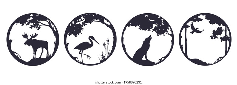 Fairy forest with wild animals -- graphic vector illustration.. Landscapes with elk, heron and wolf. Nature in a frame of trees. Three vector illustrations.	