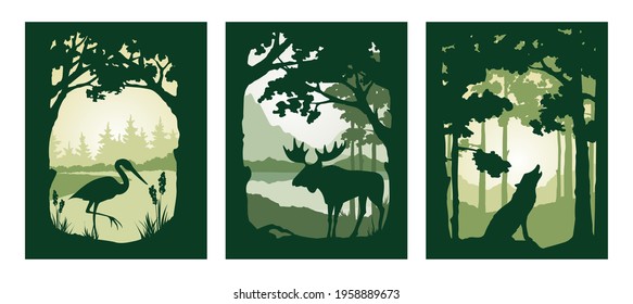 Fairy forest with wild animals. Landscapes with elk, heron and wolf. Nature in a frame of trees. Three vector illustrations.	