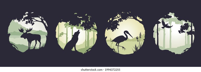 Fairy forest with wild animals. Landscapes with elk, heron and wolf. Nature in a frame of trees. Three vector illustrations.	