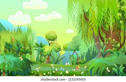 Fairy forest. Wild flowers and butterflies. Mature willow trees. Morning sky. Dense thickets with flowers and butterflies. Beautiful summer landscape. Fun cartoon style. Cute nature scene. Vector.