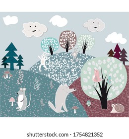 Fairy forest. Wolf, hare, mouse, snail, birds and beetle