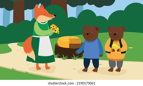 zorro de hadas y dos cachorros de oso con trozos de queso