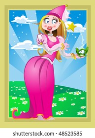 Fairy and frog on the fairytale landscape