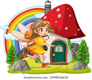 Fairy in front of mushroom house with rainbow