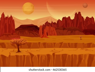 Fairy game Sci-fi red mars alien Landscape. Nature on another planet with mountains, rocks and planets in the sky. UI Gaming landscape
