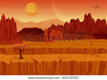 Fairy game Sci-fi red mars alien Landscape. Nature on another planet with mountains, rocks and planets in the sky. UI Gaming landscape