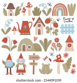 Fairy garden gnomes, houses, flowers and berries magical elements collection. Vector illustration in cartoon style.