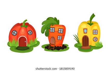 Fairy Garden Houses Rested on Green Lawn Vector Set