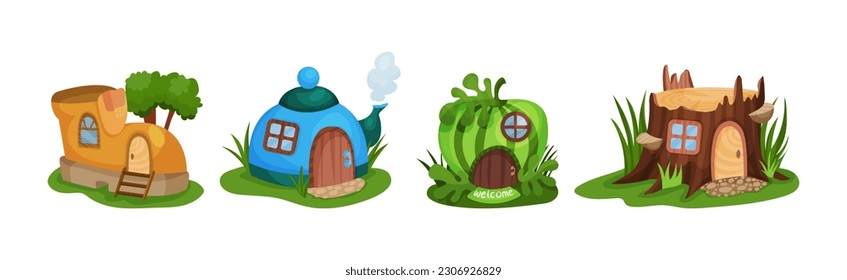 Fairy Garden Houses Rested on Green Lawn Vector Set