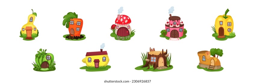 Fairy Garden Houses Rested on Green Lawn Vector Set