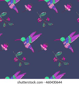 Fairy garden. vector seamless pattern with hand drawn colibri and flowers