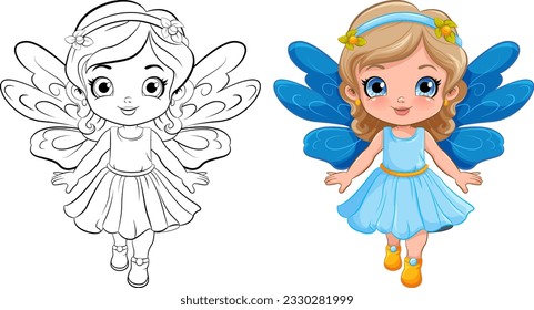 Fairy Girl in Beautiful Dress Outline for Colouring illustration