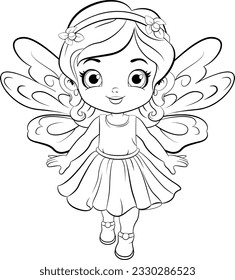 Fairy Girl in Beautiful Dress Outline for Colouring illustration