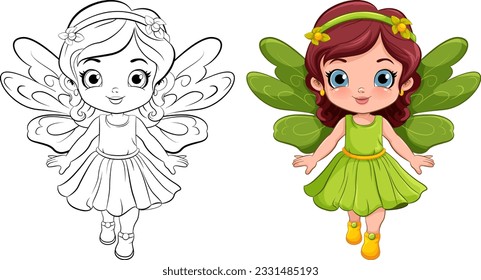 Fairy Girl in Beautiful Dress Outline for Colouring illustration