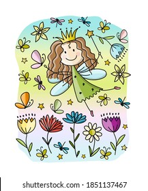 Fairy Girl with butterflies in floral Garden. Vector illustration
