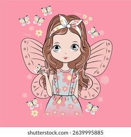Fairy girl cute face with butterfly t-shirt graphic design vector illustration 