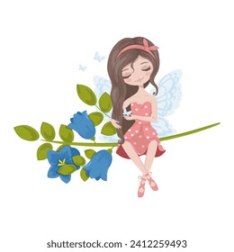 Fairy girl. Cute girl with flowers. Princess girl. Watercolor style. Drawing. Vector illustration isolated on white background. Beautiful girl. Butterfly, Angel.  Poster, print, greeting card