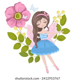 Chica de hadas. Chica linda con flores. Niña princesa. Estilo acuarela. Dibujo. Ilustración vectorial aislada en fondo blanco. Cartel, impresión, tarjeta de saludo. Niña princesa, caricatura. Moda