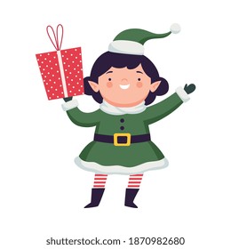 Fairy Girl Elf in Green Hat and Striped Stocking Holding Gift Box Vector Illustration