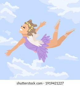 Fairy girl flies in the sky, a fairy in the clouds, a girl dressed as an angel. Dream symbol and flight at height. Vector illustration of cartoon character, square postcard cover.