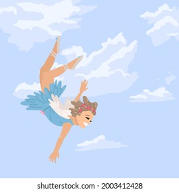 Fairy girl flies in the sky, a fairy in the clouds, a girl dressed as an angel. Dream symbol and flight at height. Vector illustration of cartoon character, square postcard cover.