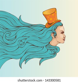 Fairy girl with long azure blue hair in a magic cap