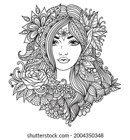 Fairy girl with mandala flowers for coloring book, print on product, laser engraving and so on. Vector illustration